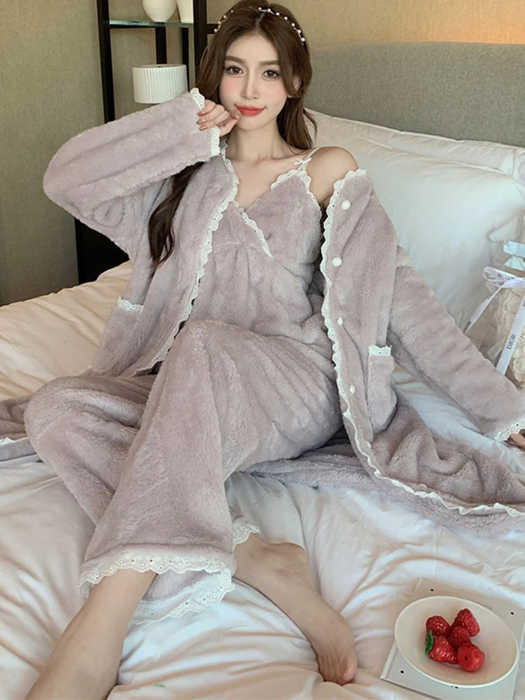 겨울 따뜻한 산호 플리스 잠옷 세트 여성용, 플란넬 긴팔 탑 바지, 수면 세트, 캐주얼 홈 의류, 3 개