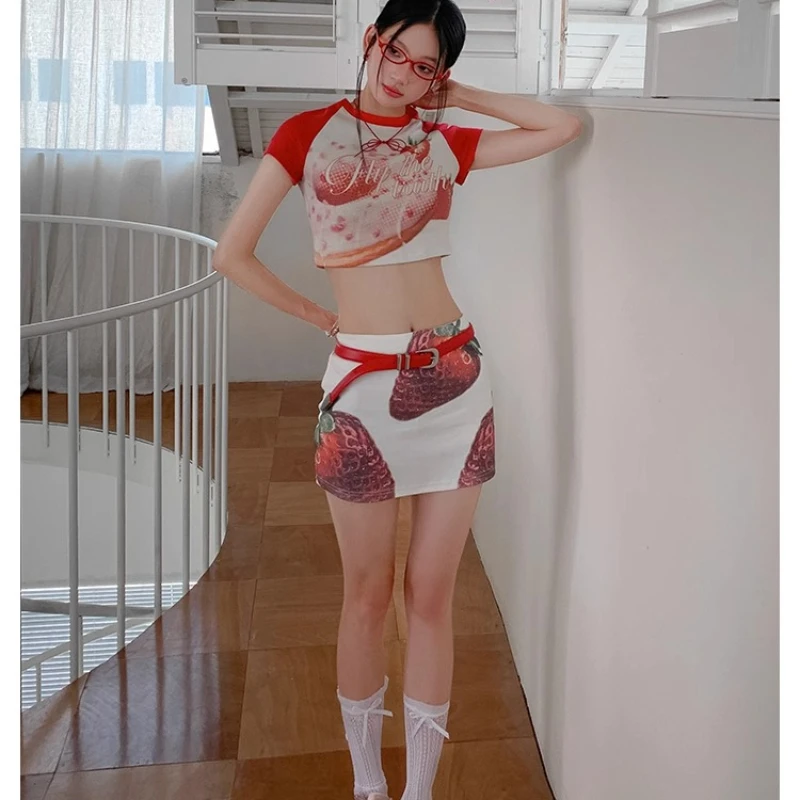 American Retro Fruit Print Round Neck Women's Short-sleeved T-shirt Summer Colorful Splicing Slim Thin Mini Skirt Suit Ladies