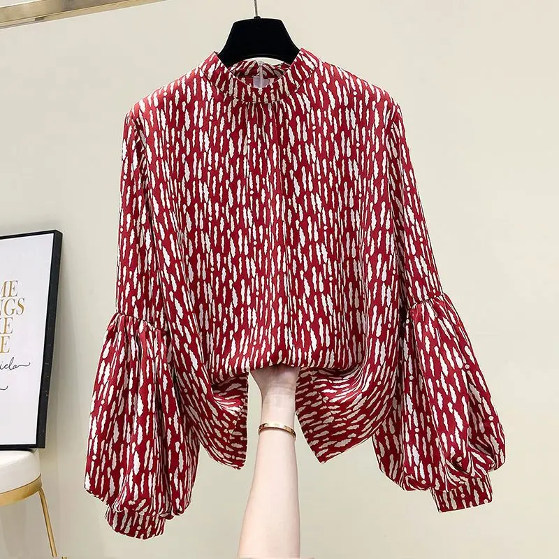 Striped Print Vintage Chiffon Stand Collar Long Sleeve Pullover Women\'s Blouse Shirt Casual Female Tops Woman Clothing Fashion