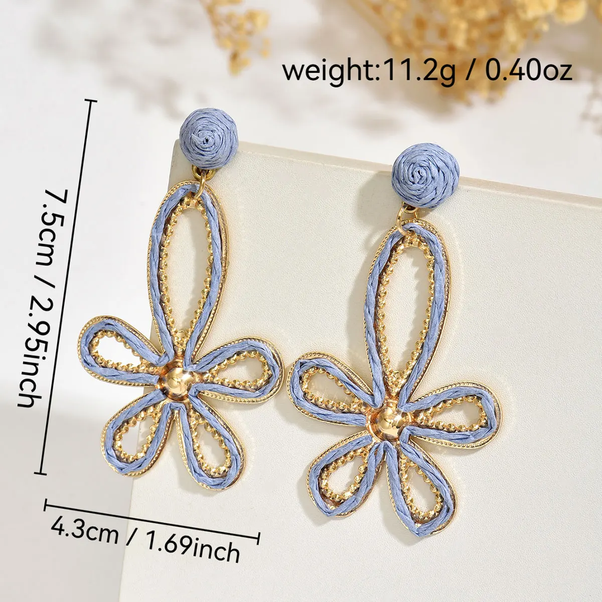 Boho Pink Raffia Flower Dangle Earrings Women Gold Frame Hollow Floral Drop Earrings Woven Ball Stud Summer Beach Vacation State