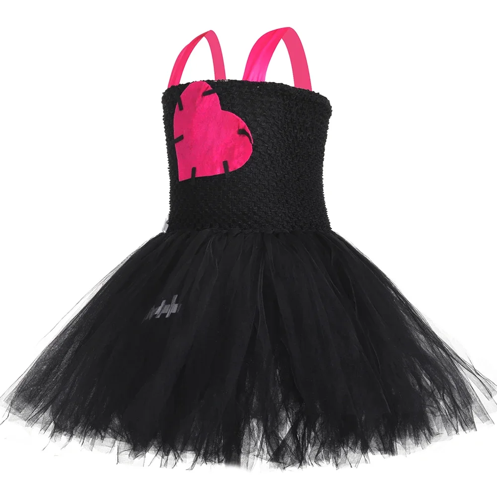 Broken Doll Halloween Costume for Kids Hot Pink Black Horror Monster Zombie Cosplay Tutu Dress Children Girls Gothic Clothes Set