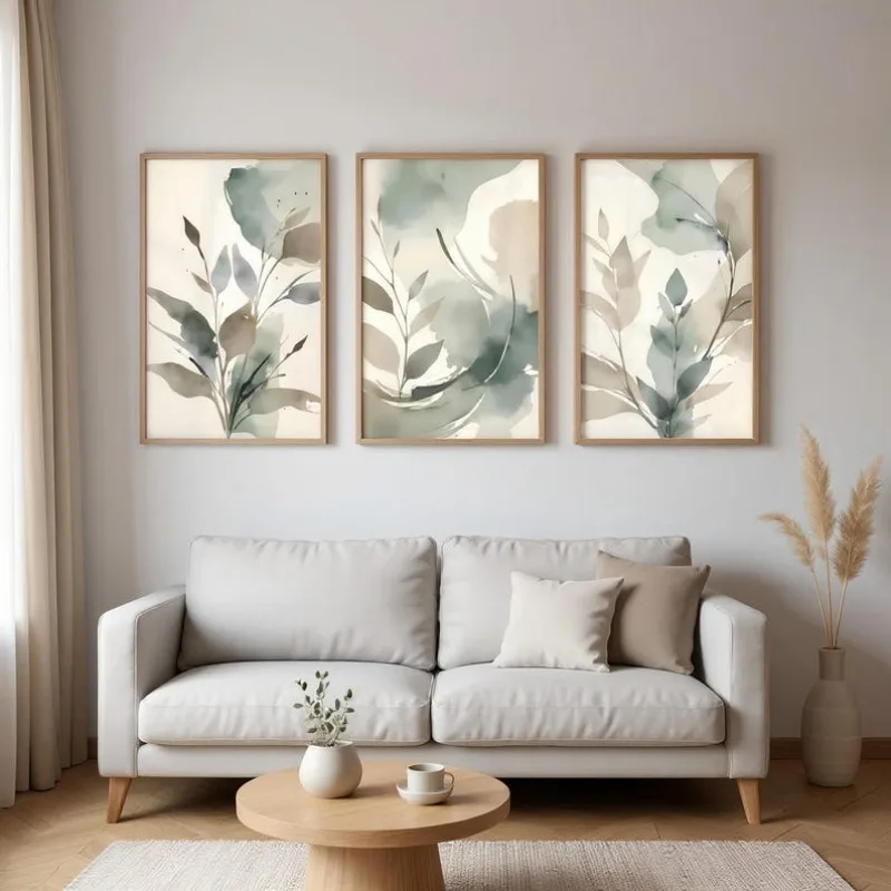 (No frame)3PCS(CANVAS POSTER UNFRAMED)Japandi Leaf Print Set of 3: Neutral Sage Beige Botanical Art (Digital Download 60.96x9