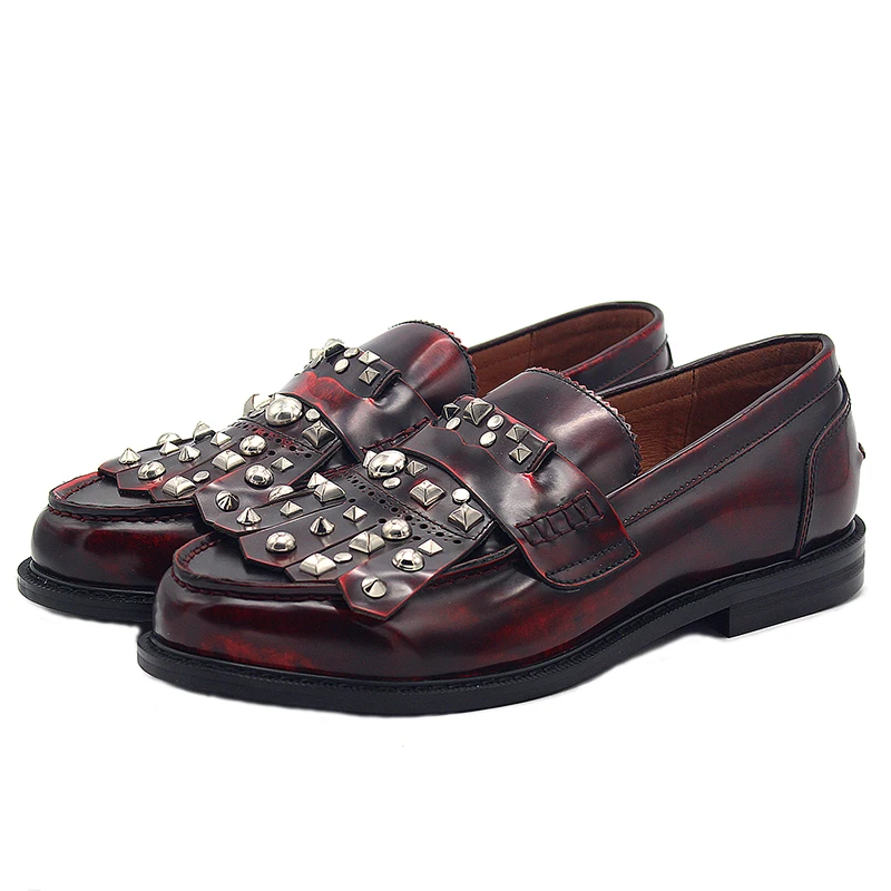 Gothic Rivet Embellished Glossy Cowhide Loafers Finish Slip-On Party Fashion Men Shoes