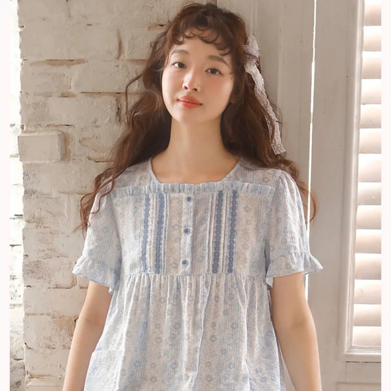 Sweet Floral  Cotton Round Neck Nightgowns For Women  Short Sleeve Loose Elegant Nightwear