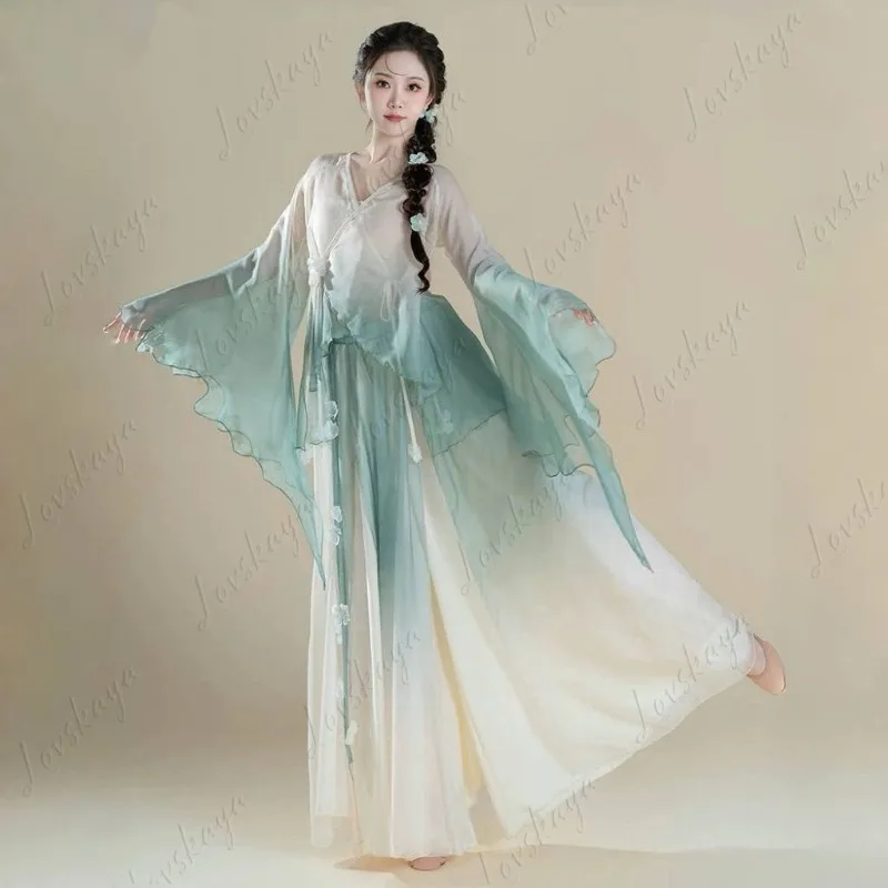 بدلة ممارسة أداء الرقص الكلاسيكي الجديد مع نسيج حريري متدرج متدفق - فستان أداء الرقص الصيني