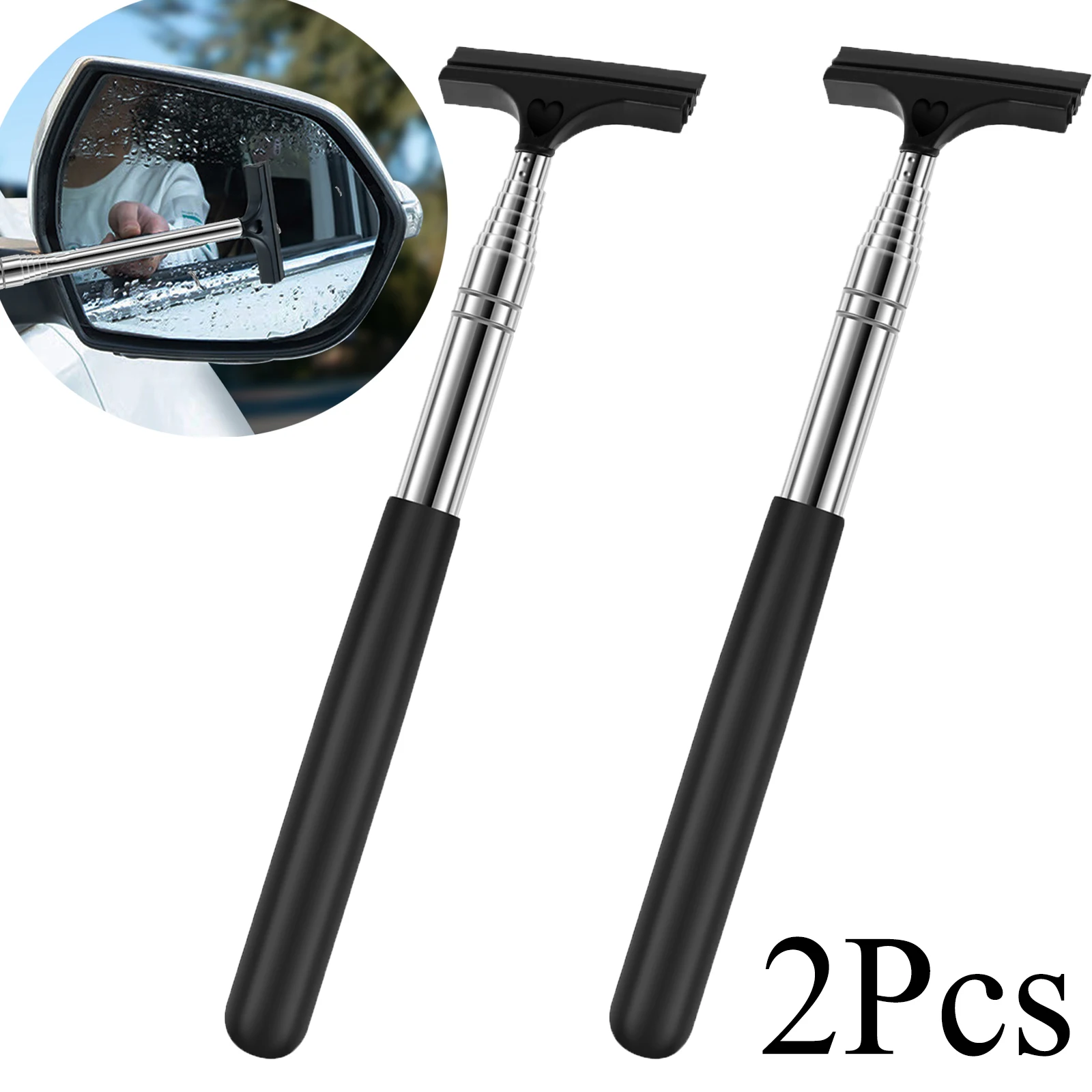 2Pcs Car Rearview Mirror Wiper Mini Squeegee Stainless Steel Telescopic Car Side Mirror Window Wash Cleaning Tool Handheld Wiper