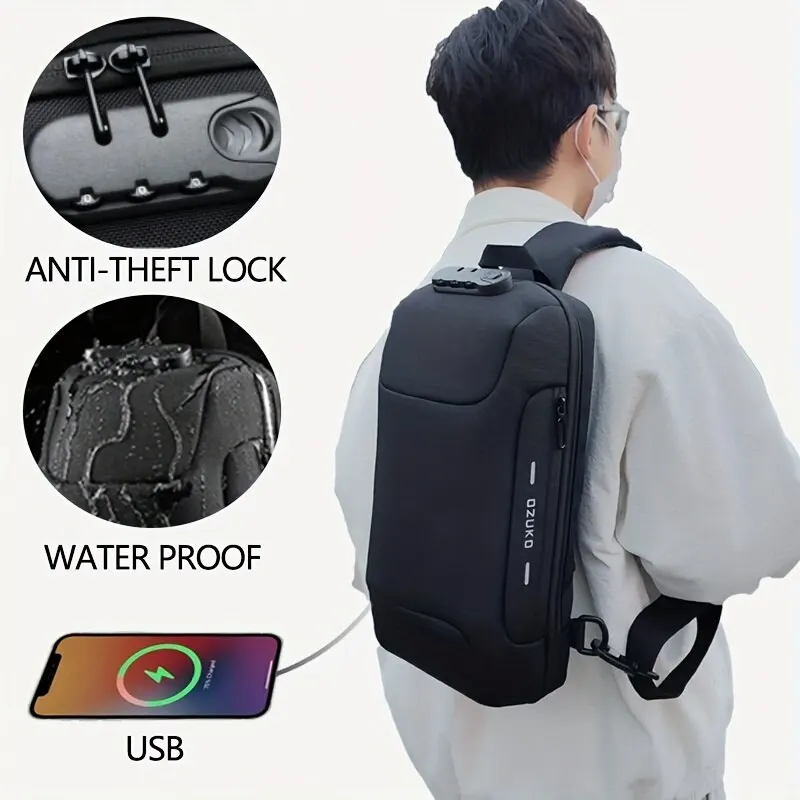 OZUKO Men Anti-theft Crossbody Sling Bag With USB Charging Port Waterproof Anti-Scratch Shoulder Bag Large Capacity Chest Bag