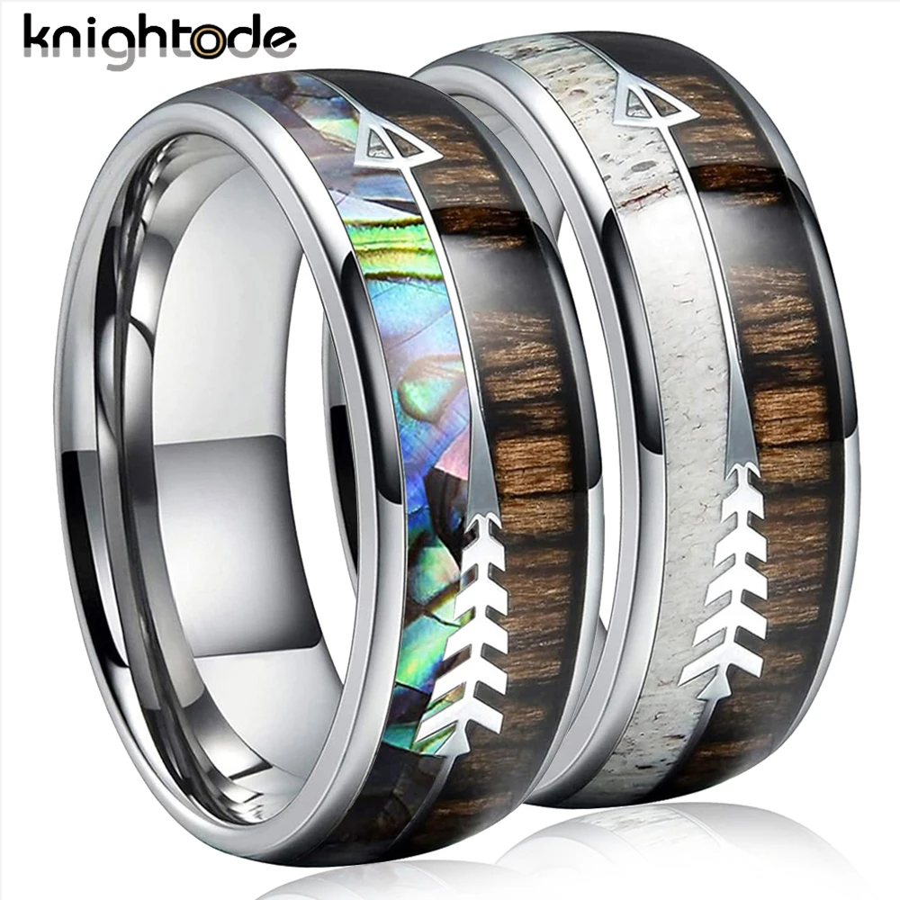 

﻿ 8mm Zebra Wood Antler Abalone Shell Arrows Inlay Tungsten Wedding Rings Vikings Hunting Bands for Men Women Comfort Fit