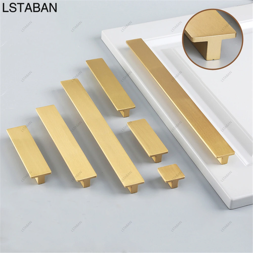 Modern Minimalist Solid Brass T Bar Cabinet Knob Luxury Brushed Gold Length Kitchen Cabinet Door Handle Pure Copper Drawer Pulls