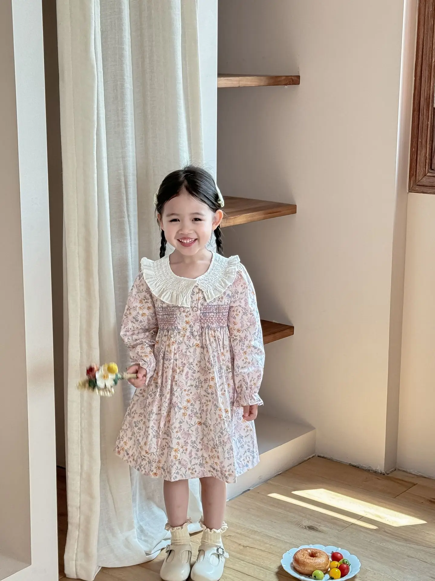 Spring Autumn New Girls Pulling Dress Pink Elegant Flower Printed Girls Dress Lotus Leaf Collar Dress