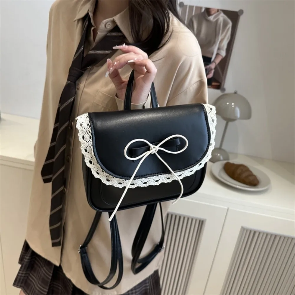Simple Mini Lace Bow Backpack Kawali Korean Style PU Leather Bag Elegant with Handle Shouder Bag Students