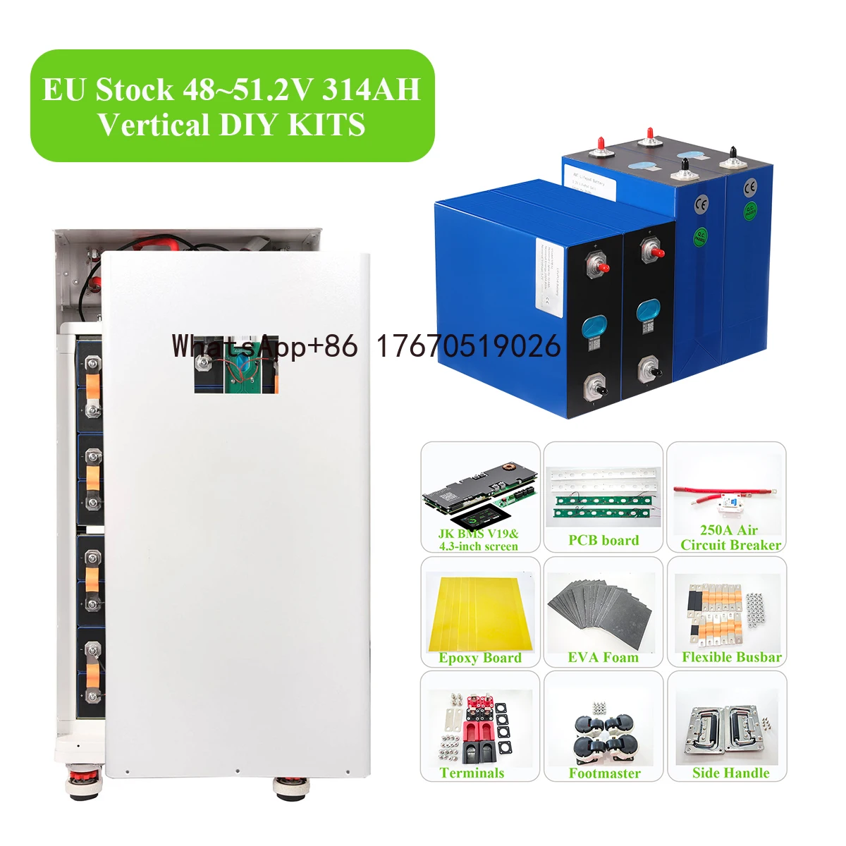 

US&EU Warehouse 16pcs DIY Battery Box Kit with 200A BMS 48V 51.2V 280Ah 314Ah Empty Case for Lifepo4 Cell Assembly