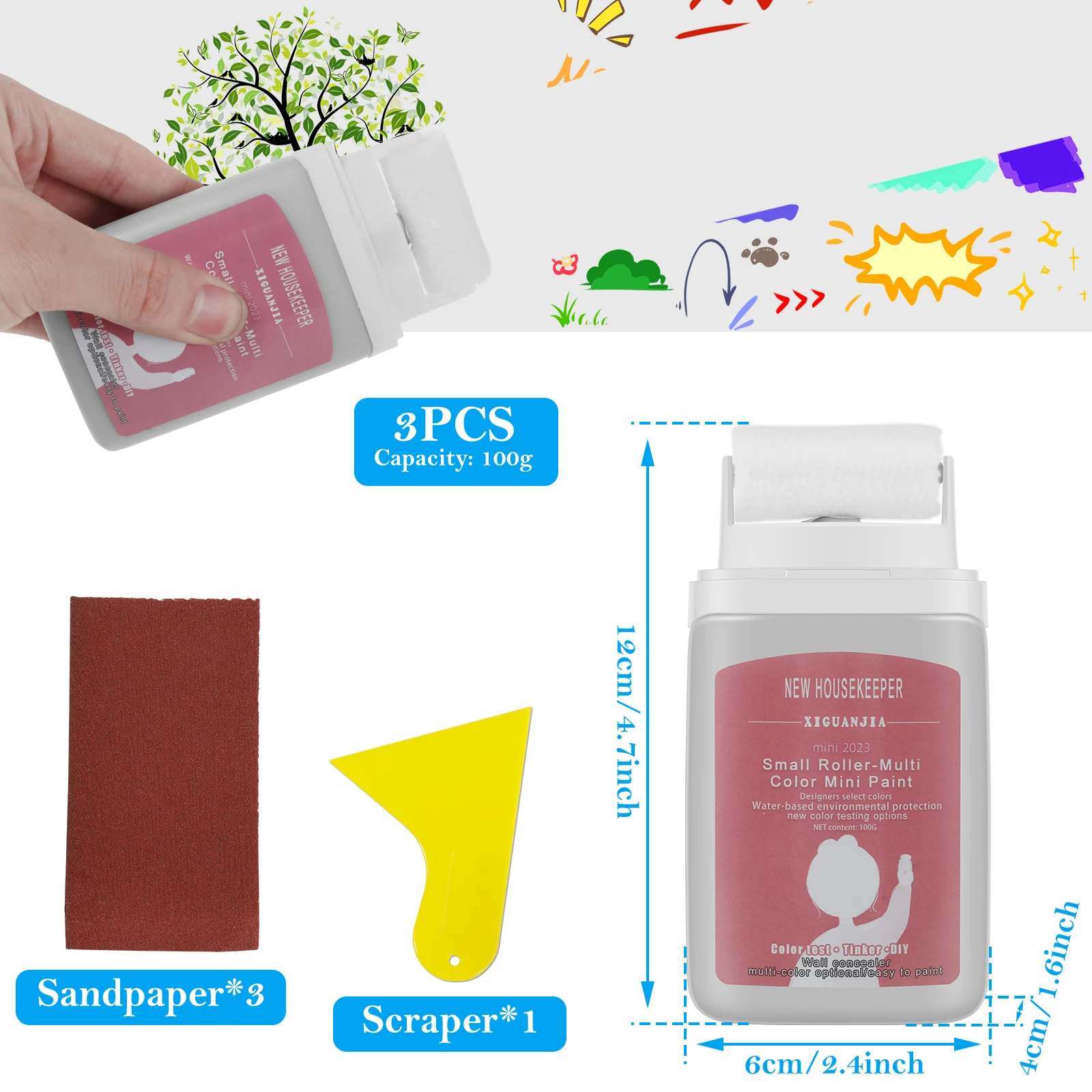 Rouleau de pâte de réparation murale, petit rouleau, brosse de patch mural, 3 papiers de verre, 1 grattoir pour la réparation de bricolage, peinture au latex, 3 pièces