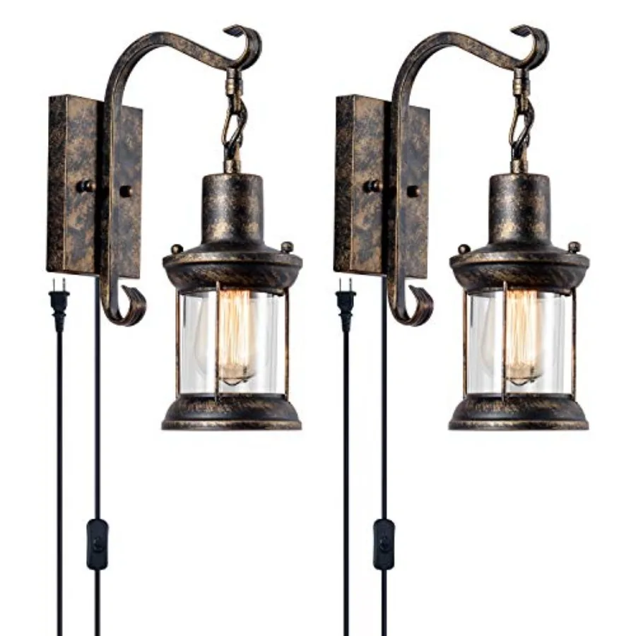 

Rustic Wall Lamps, Lantern Wall Sconce Plug in Oil Rubbed Antique Wall Sconce Fixtures Farmhouse Interior Wall Lighting for Bed