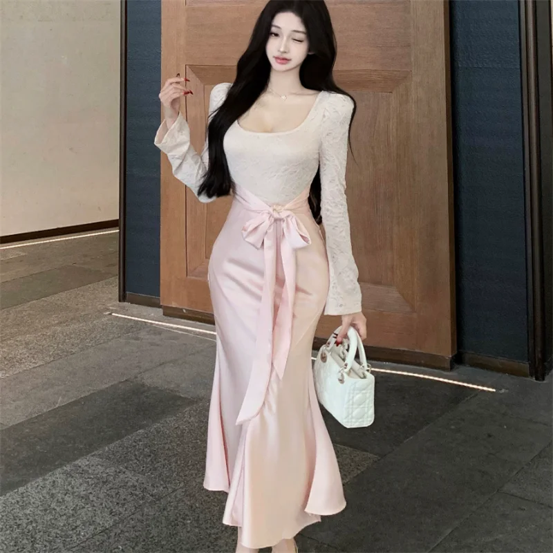

Elegant Lady Pink Lace Patchwork Bow Belt Mermaid Dress New Women Spring French Hepburn Style Long Sleeve Cocktail Party Dress