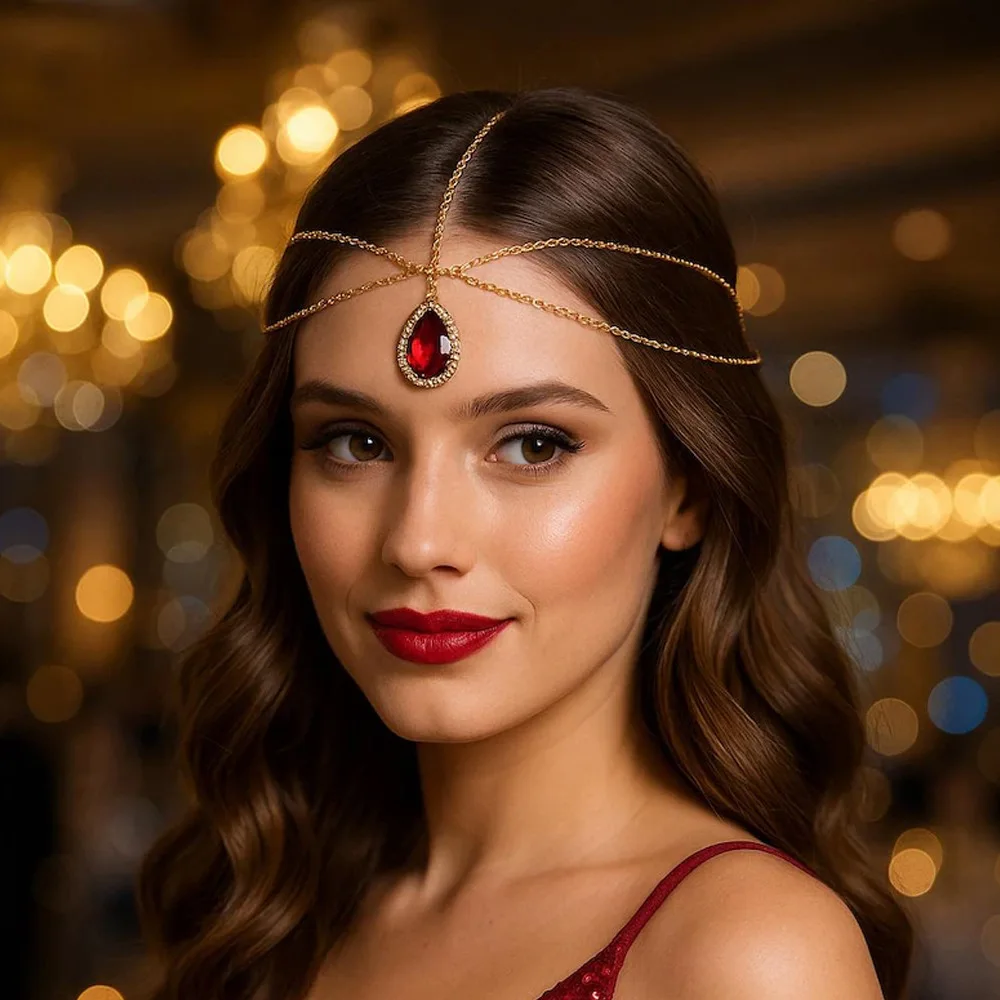 

Индийский свадебный многослойный головной убор на лоб, аксессуары для волос для выпускного вечера, модная красная капля воды, металлическая цепочка на голову, ювелирные изделия для женщин, подарок