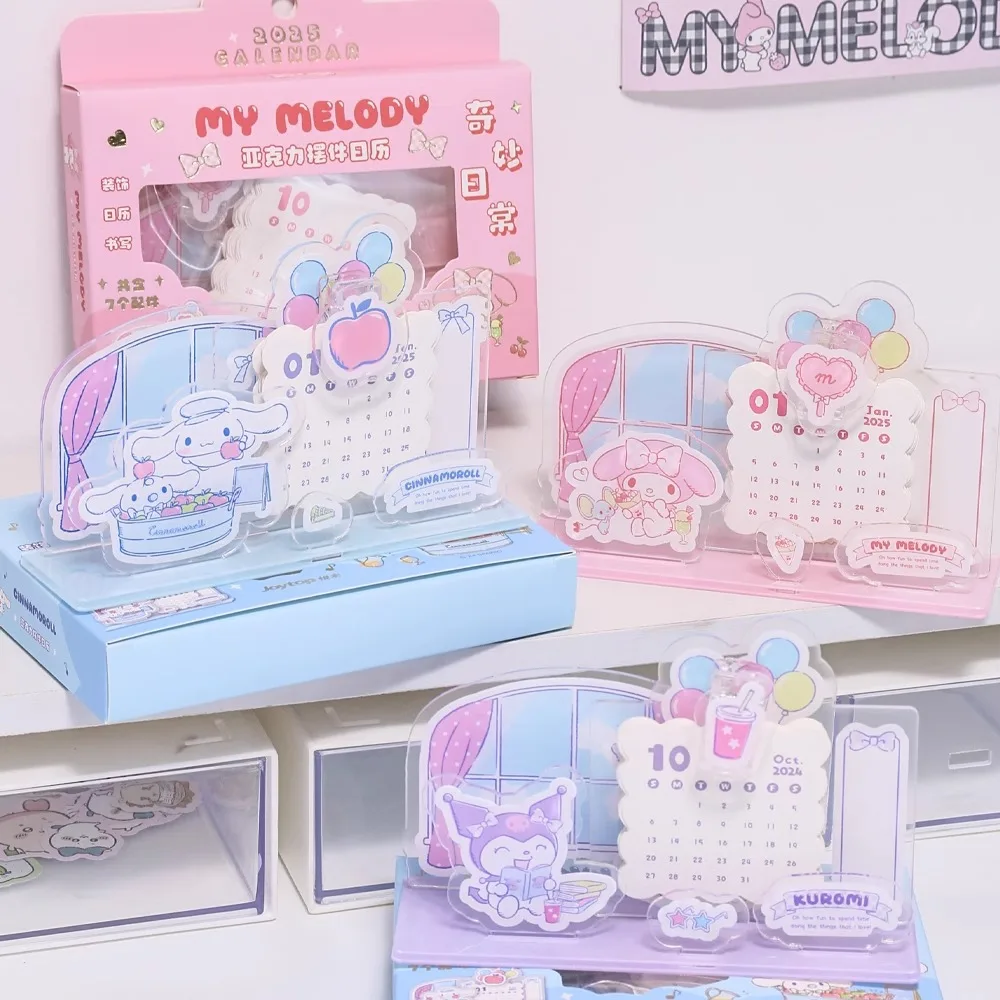 Sanrio calendário 2025 ornamentos de mesa acrílico kawaii kuromi minha melodia cinnamoroll novos notas de check-in placa de mensagem mensal presente