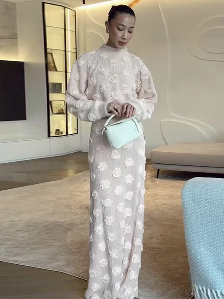 

3D Flower Long Skirt Set Woman Spring Autumn O-neck Zippers Pullover Full Sleeve Floor-length Skirts Suit Women Elegant Set Lady