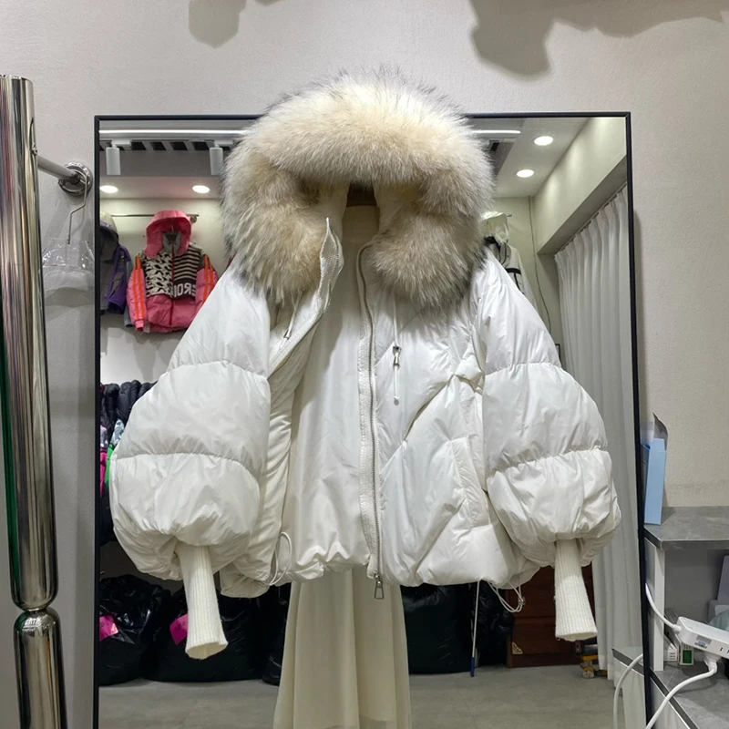 Winter High End Natural Large Fur Collar Down Jacket Female Hooded Warm Thick Parker Jacket Women White Duck Down Loose Outwears