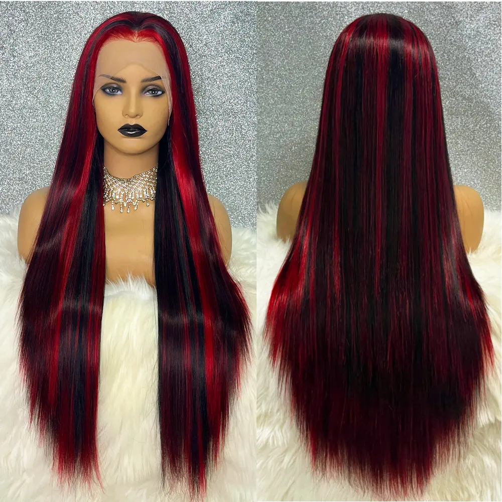 

Highlight Ombre Red Colored 28 Inch 13x3.5 Synthetic Lace Front Wig Long Straight Glueless Pre Plucked Cosplay Wigs For Women