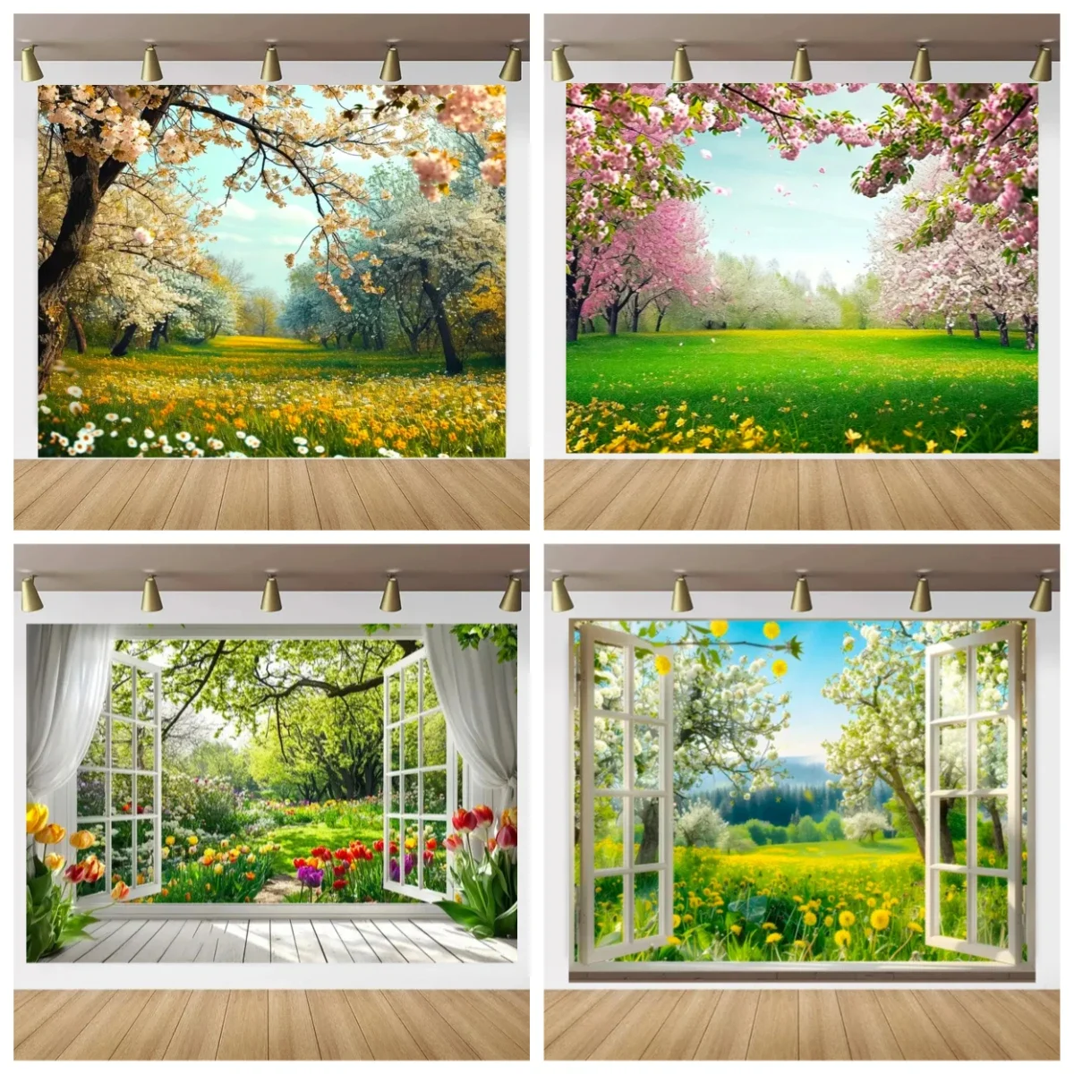 

Spring Cherry Blossom Garden Backdrop – Window Landscape with Natural Flowers, Birthday Party Photography Props Banner-Tapestry