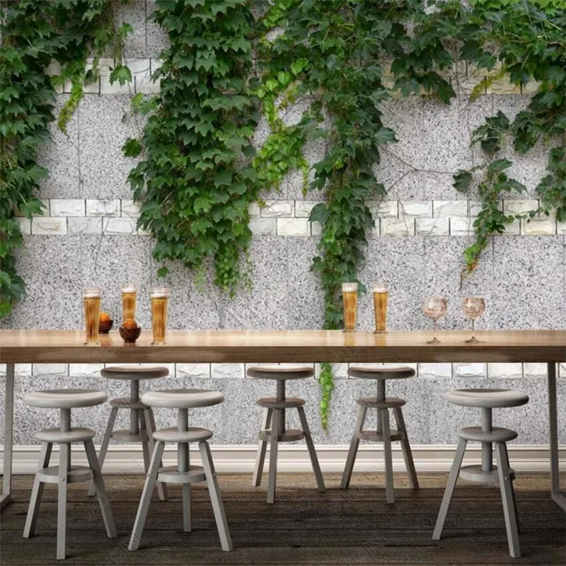 Custom Size Cement Wall Vines Green Plants 3D Photo Wall Paper Home Decor Mural Cafe Industrial Decor Self-adhesive Wallpaper