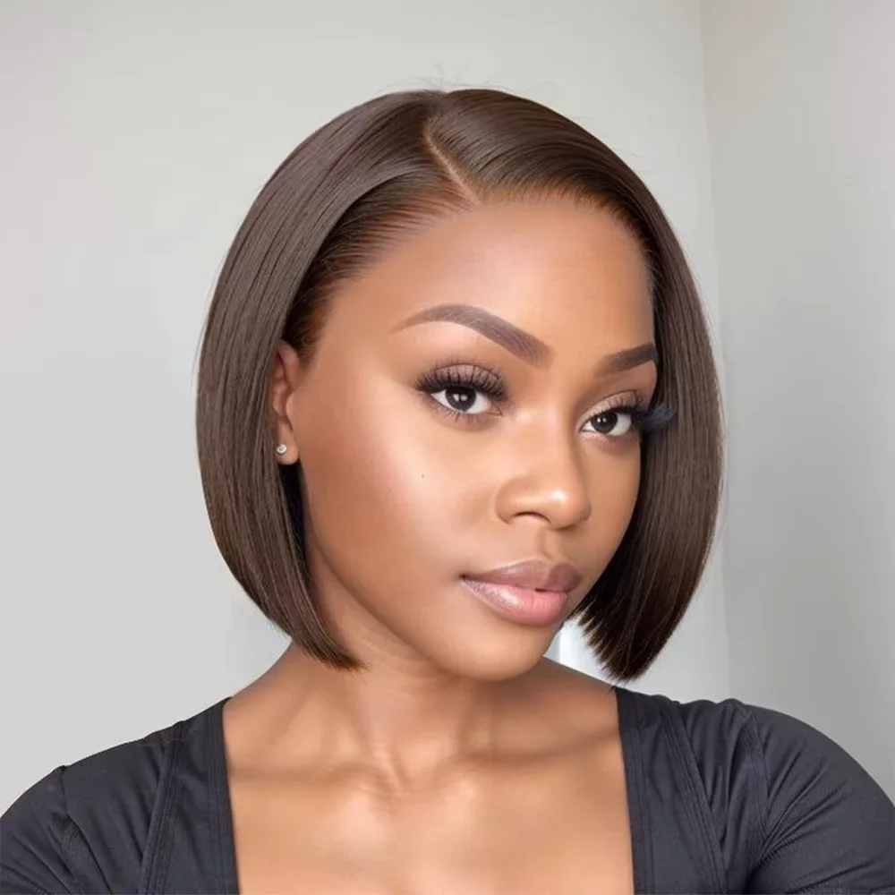 Chocolate Brown #4 Bone Straight Bob Lace Front Wig 13x4 HD Transparent Lace  Lightweight Comfortable Short Hair Wigs For Daily Work