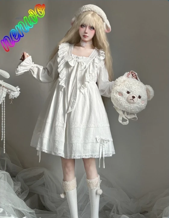 

Платье Лолита женское белое в стиле принцессы с кружевной отделкой и бантом, ночная сорочка, которую можно носить на выход, готическое платье Лолита с кружевной отделкой