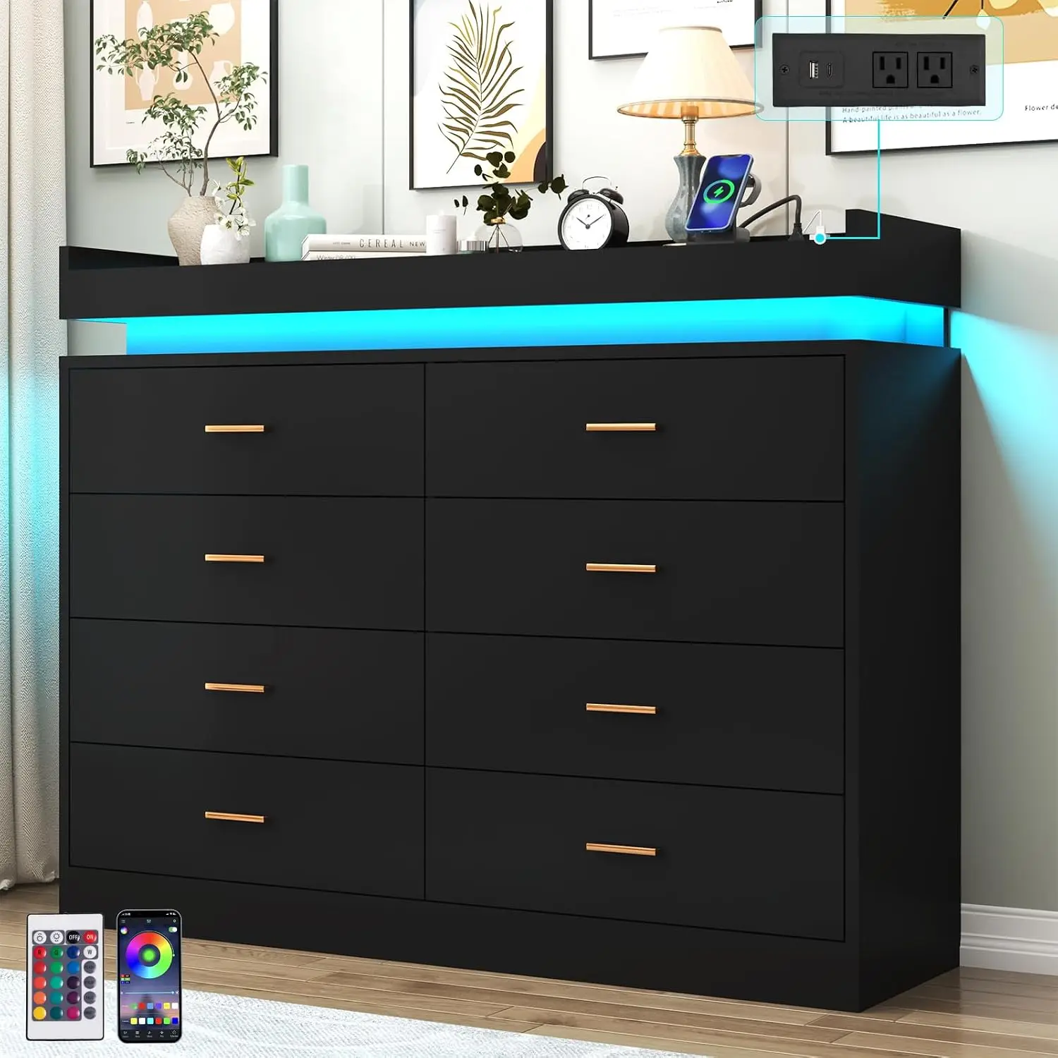 8 Drawer Dresser with LED Light and Charging Station, Modern Chest of Drawers for Closet, Wide Drawer Organizer Cabinet