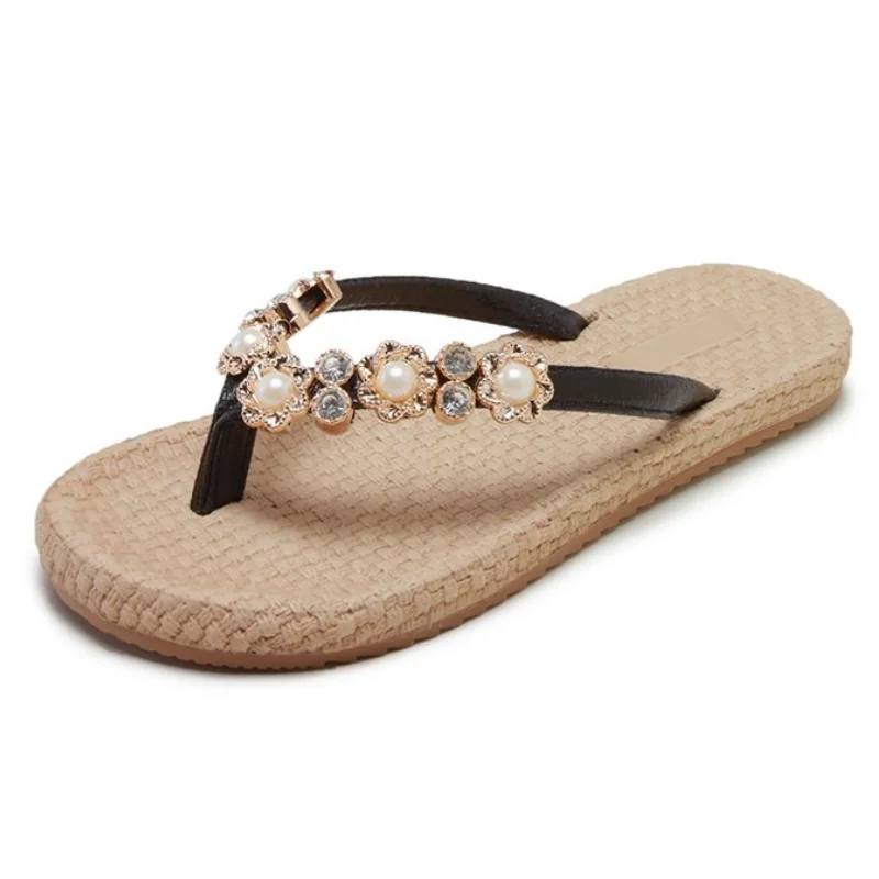 Women Rhinestone Pearl Straw Flip Flops Boho Crystal Jeweled Flat Thong Sandals Chic Woven Sole Plus Size Vacation Beach Shoes view 6