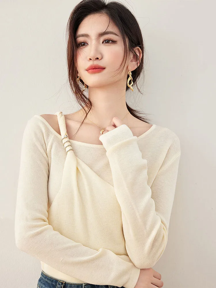 

Осенне-зимний свитер с длинным рукавом, пуловер, деловая женская имитация двух предметов, однотонная трикотажная одежда, темпераментный топ с открытыми плечами