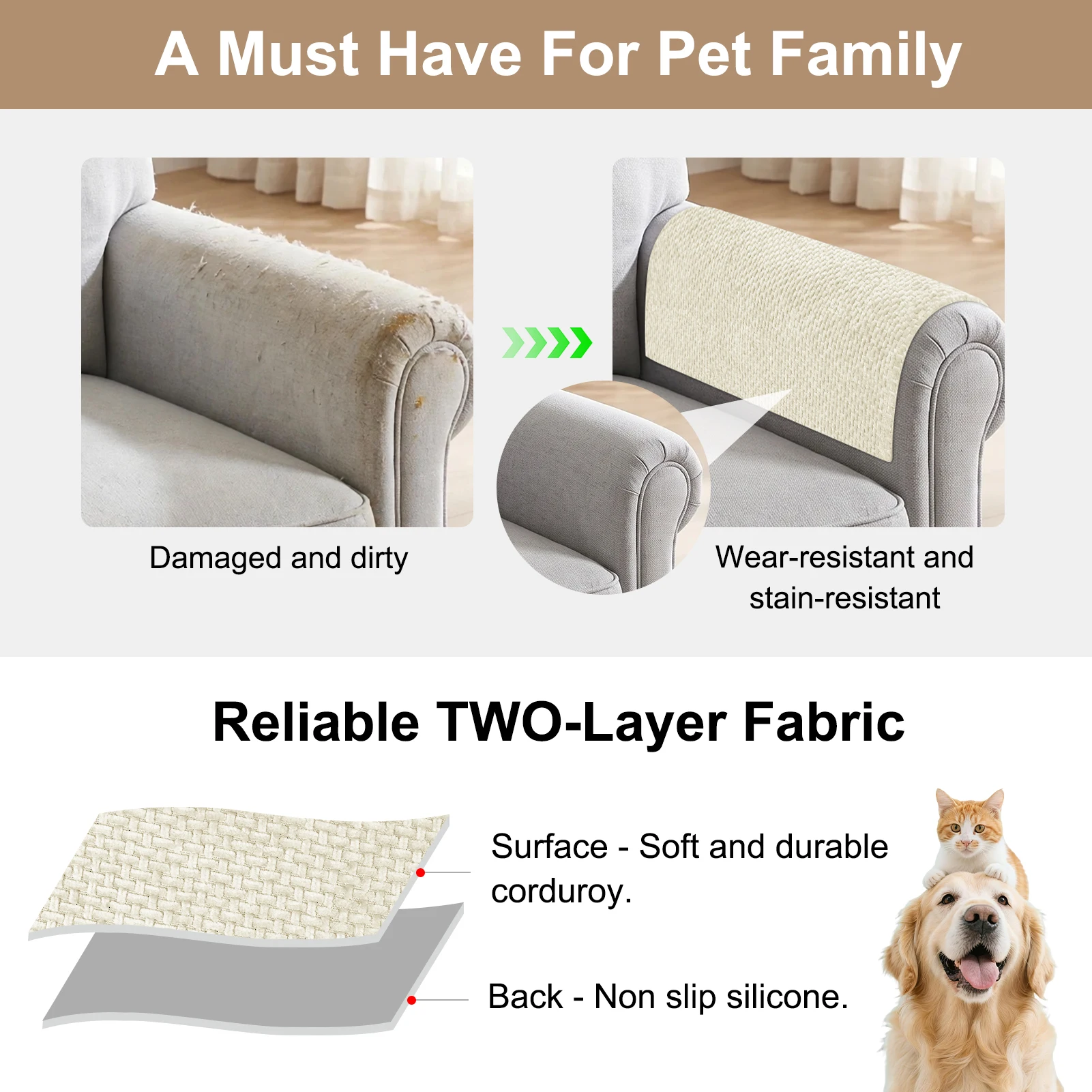 Set of 2 Couch Arm Covers, Waterproof Armrest Cover for Sofa Armchair Loveseat Non-Slip Recliner Arm Cover Sofa Arm Covers