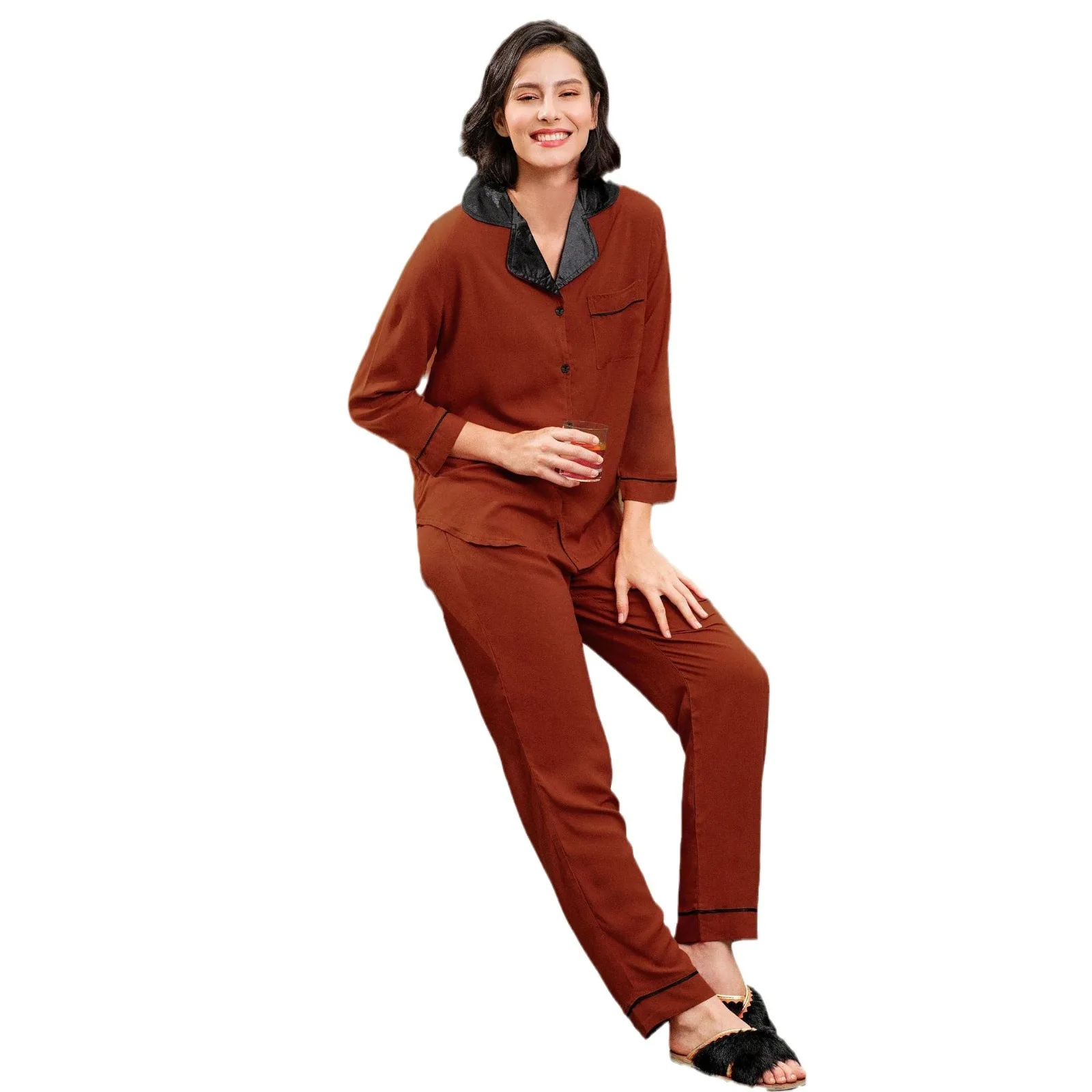 

Women's Home Wear Autumn And Winter Casual Sleeved Shirt Long Pants Two-Piece Set Pajamas Women TK