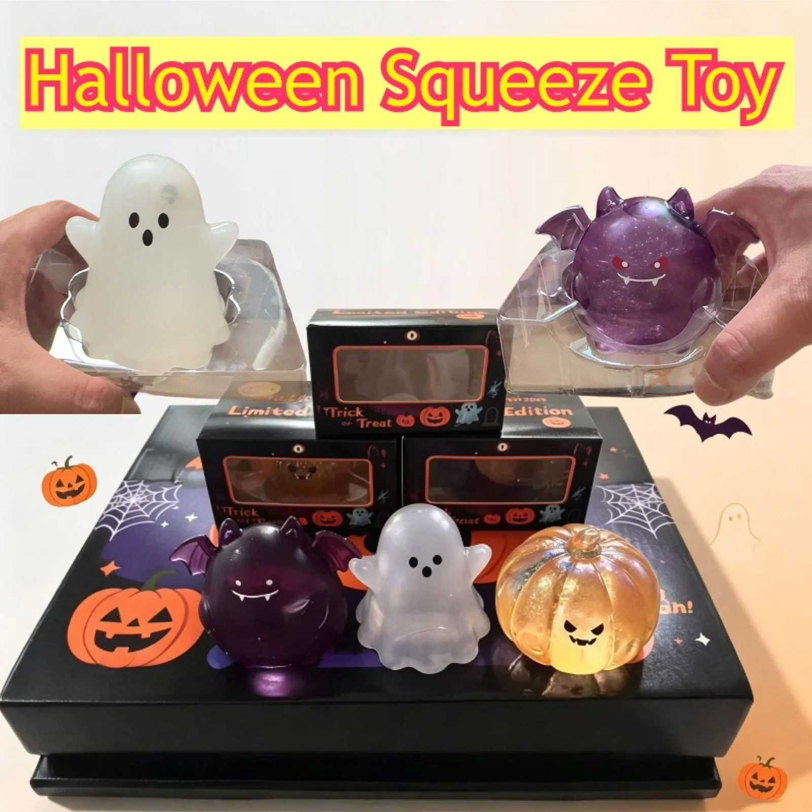 Niedlicher Geist/Fledermaus/Kürbis Halloween Squishy 8CM Stressabbauendes Sensorisches Spielzeug Halloween-Party-Geschenk Anti-Stress-Quetschspielzeug