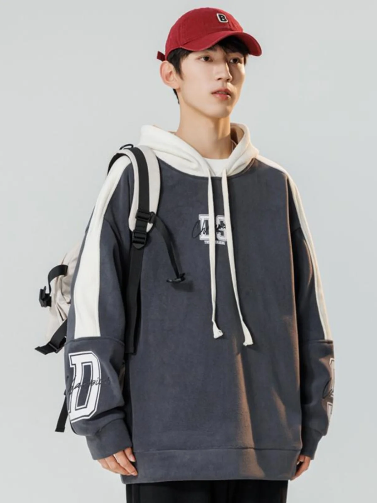 

Мужская толстовка-худи весна-осень в американском ретро-стиле с вышивкой букв и пэчворком, плотная, повседневная, свободного кроя, молодежная мода