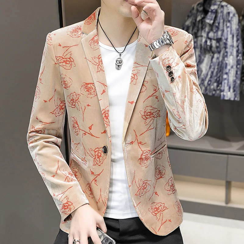

Printed Velvet Men's Suit Jaet Casual Faionable Autumn Wear Stand Fit Long Sve Plant Floral Patterned Single-Breasted