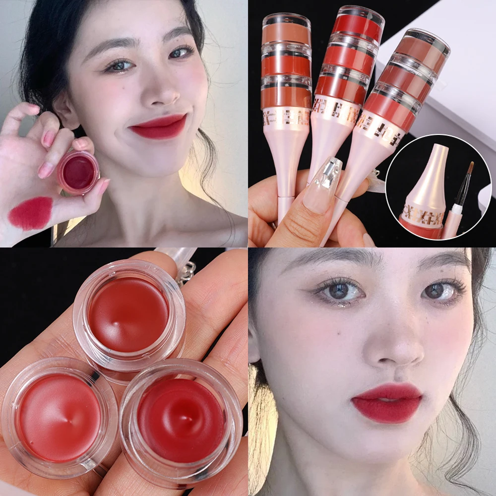 3 In 1 Matte Fluwelen Lip Modder Blush Waterdichte Mousse Ingeblikte Lippenstift Blijvende Nude Bruine Lippen Tint Modder Met Borstel Make-Up Cosmetica