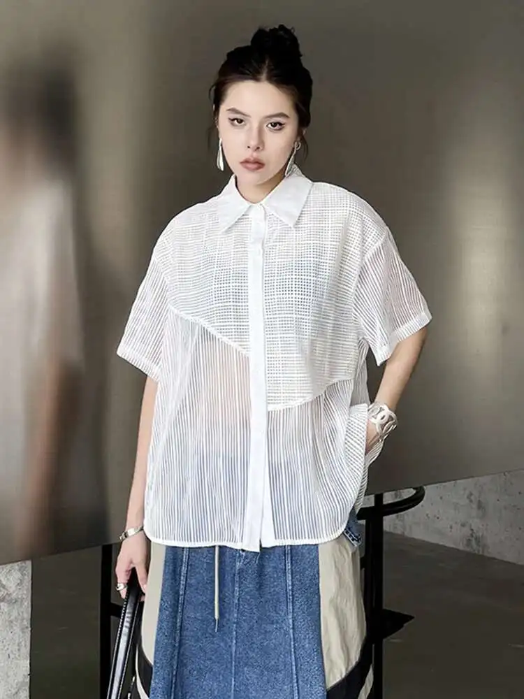 

Women Black Mesh Perspective Big Size Thin Blouse New Lapel Short Sleeve Shirt Fashion Tide Spring Summer