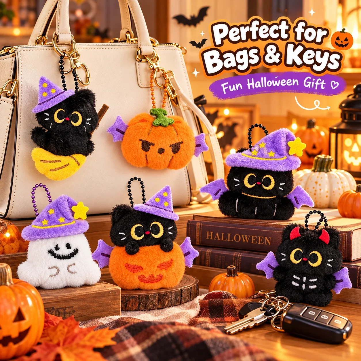 Black Cat Plush Keychain, Halloween Design, Cute Doll Pendant, Versatile Bag Charm