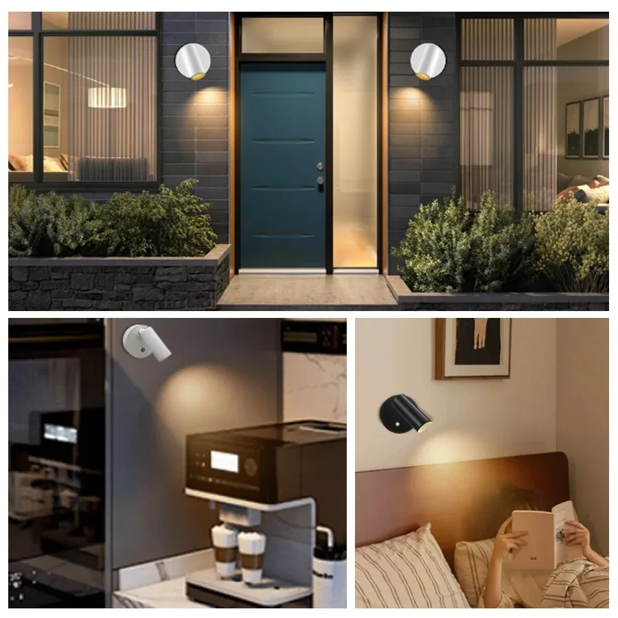 Mini Rechargeable Wall Light Black White Simple Three Color Adjustable Bedroom Bathroom Doorway LED Wireless Magnetic Spotlight