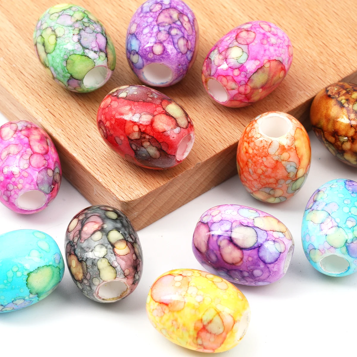 25/50pcs Random Color Marbled Barrel Acrylic Beads 12*13/15*19mm Large Hole Loose Beads For DIY Bracelet Necklace Jewelry Making