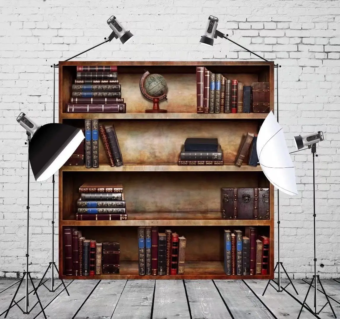

Vintage Bookshelf Photography Backdrop Library Books Antique Book Racks School Bookcase For Graduation Birthday Party Background