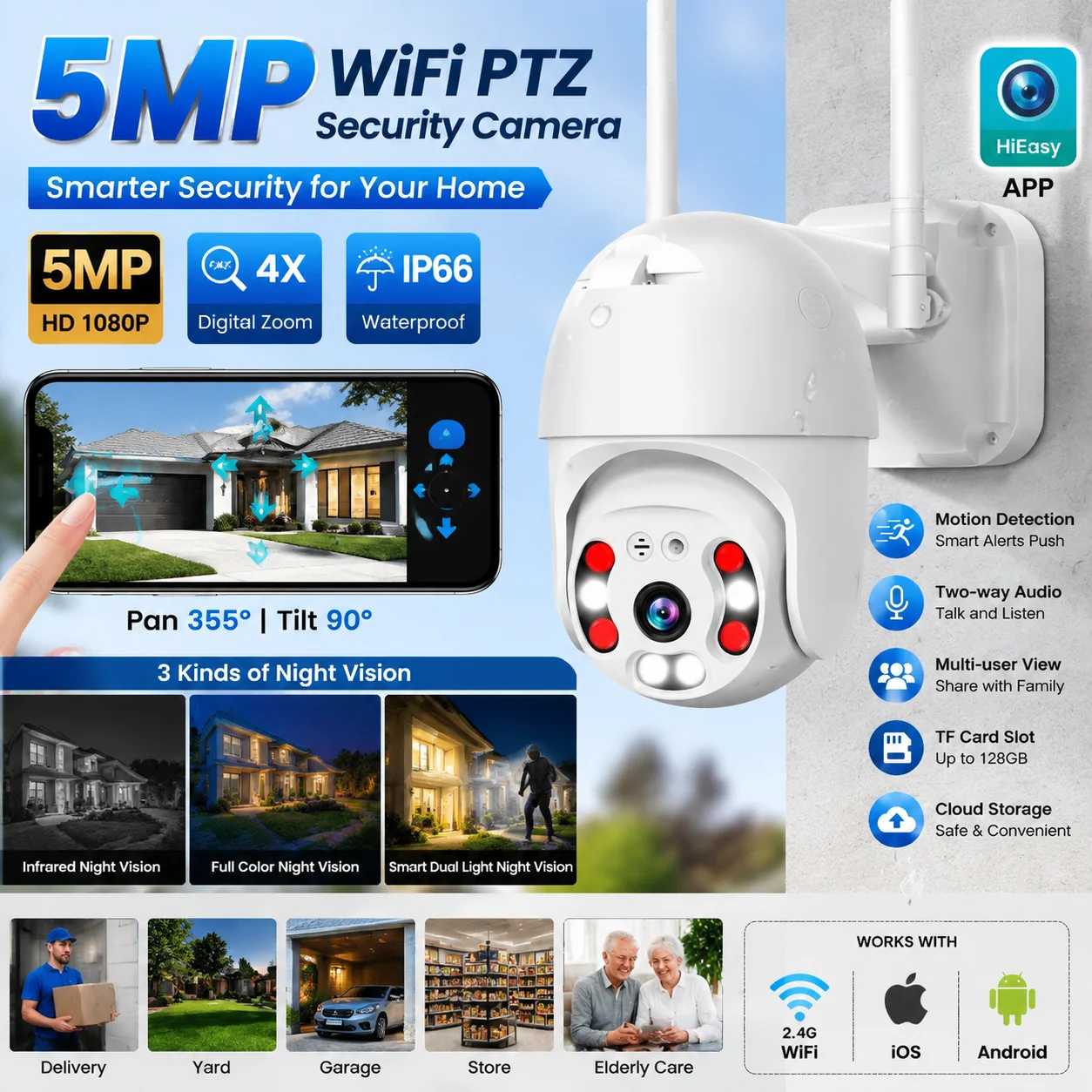 5MP HD Outdoor WiFi PTZ Security Camera Wireless IP CCTV Camera Motion Detection Alarm Home Surveillance