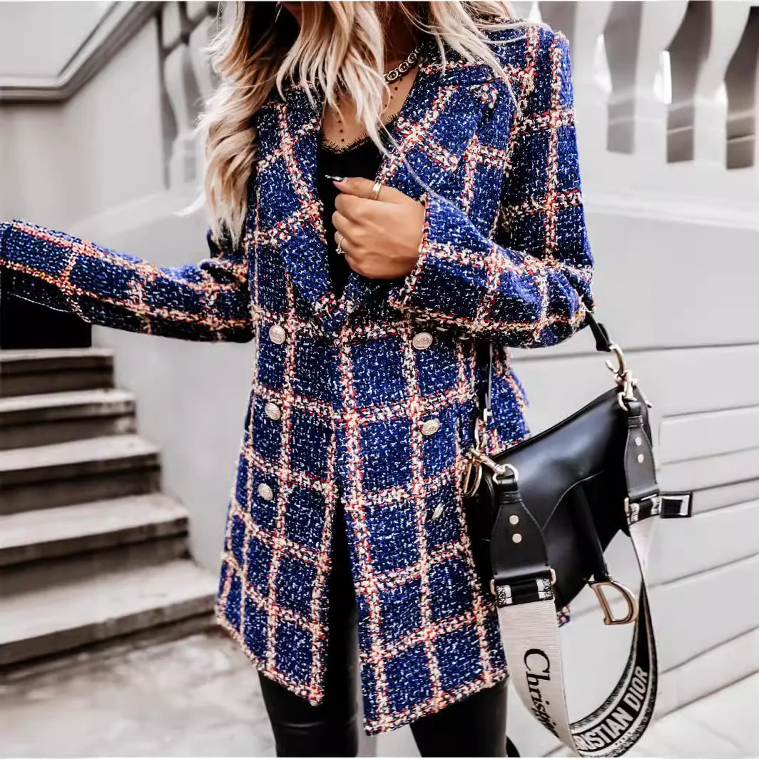 Autumn and Winter Long Sleeved Woolen Jacket Elegant Women\'s Plaid Patchwork Retro Blazers Long Windbreaker Coat