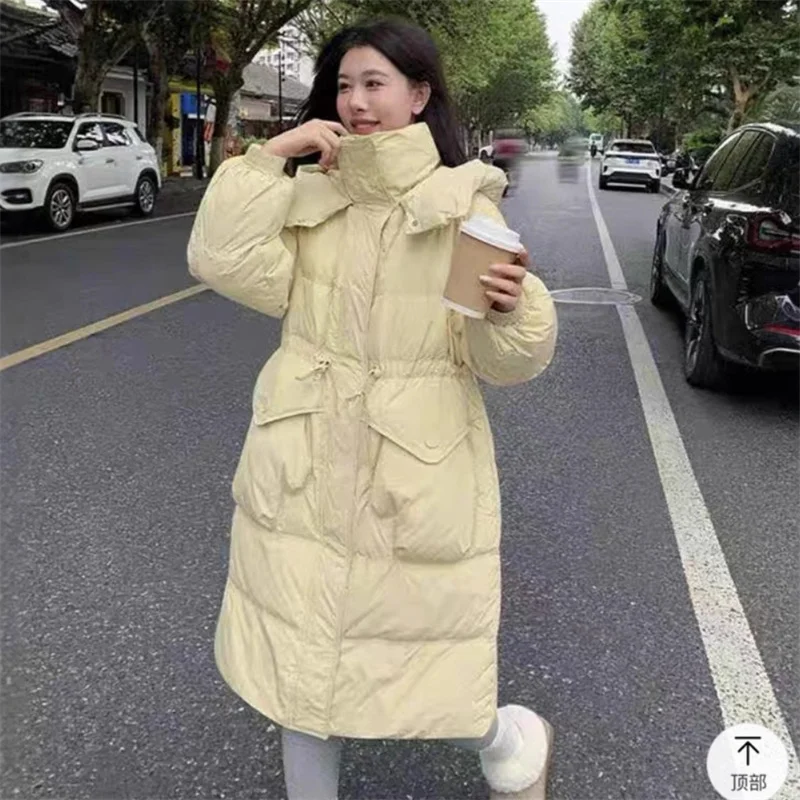 패션 겨울 코트 긴 파카 여성용 다운 코튼 패딩 재킷 두꺼운 따뜻한 Drawstring 오버 코트 후드 루즈 한 겉옷