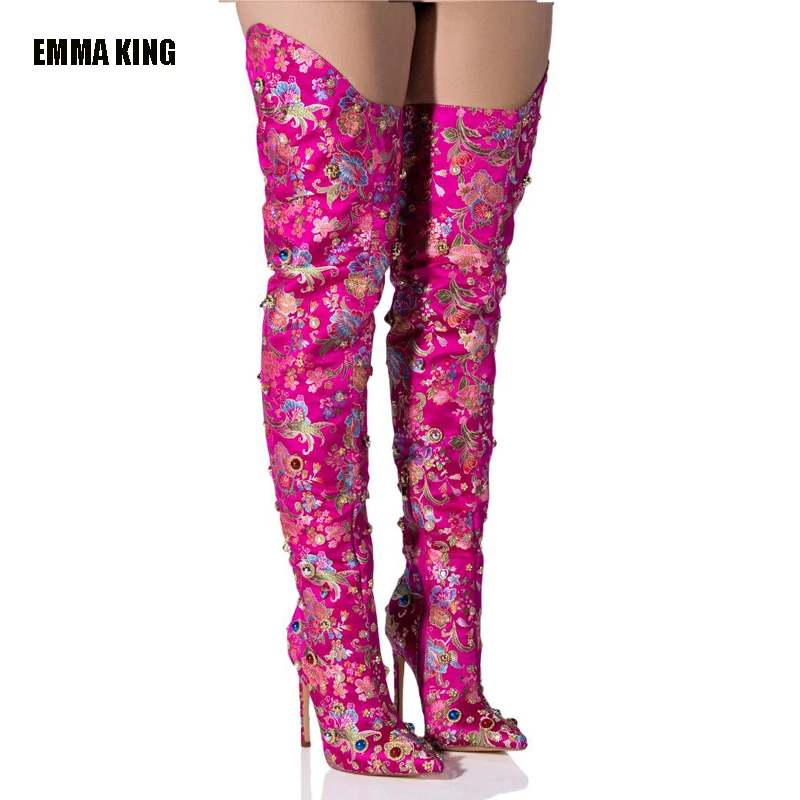 2024 Spring Bling Gemstone Over The Knee Boots Luxury Embroidery Stage Long Boots Pointed Toe Stiletto High Heels Boots 44