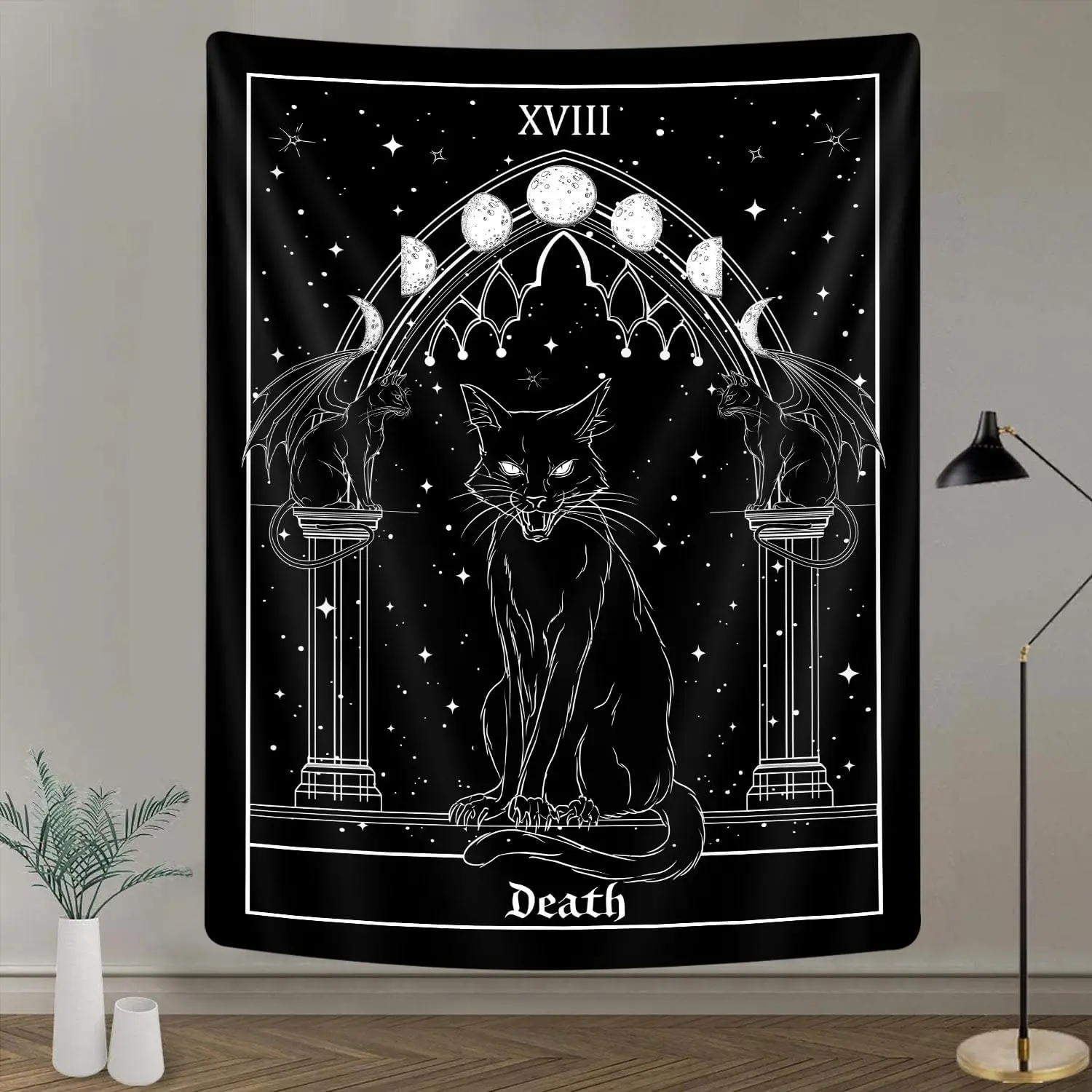 Goth Black Cat Tapestry, Gothic Tarot Witch Vertical Wall Hanging For Men, Black And White Aesthetic Anime Witchcraft Art For