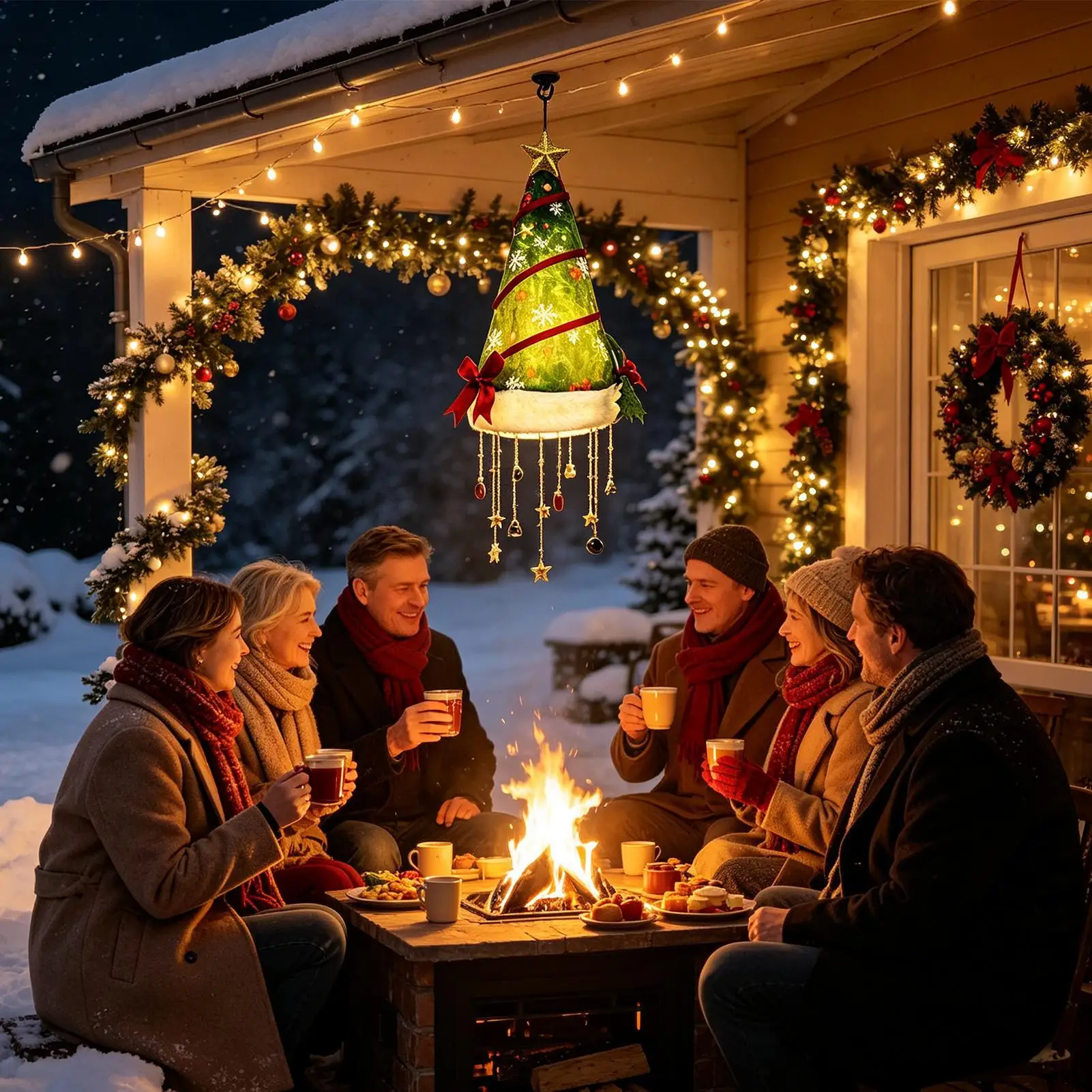 Christmas Santa Hat Chandelier LED Warm Glow Funny Festive Hanging Light Farmhouse Decorative Lamp Christmas Ornament Gifts