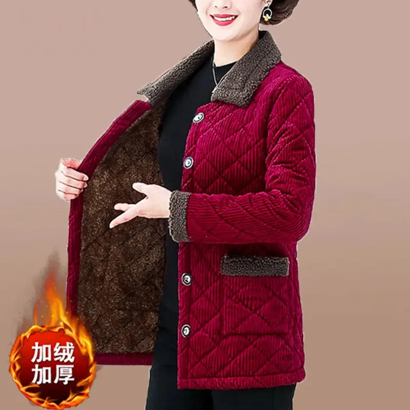 

Mother's Winter Parkas Plush Thicken Warm Corduroy Jacket Middle-aged Women's Add Velvet Cotton Clothes Large Size Padded Parke