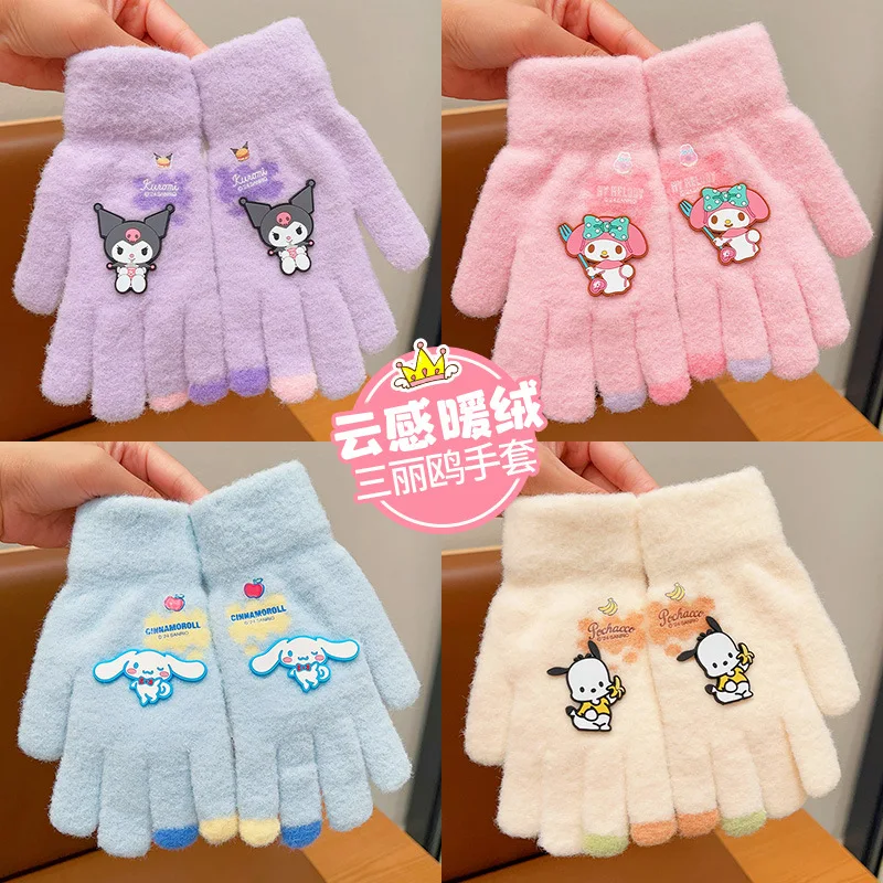 Kawaii Sanrio Hello Kitty Gloves Kuromi My Melody Cinnamoroll Winter Plush Thickened Mittens Girls Gloves 6-12 Years Old Gift